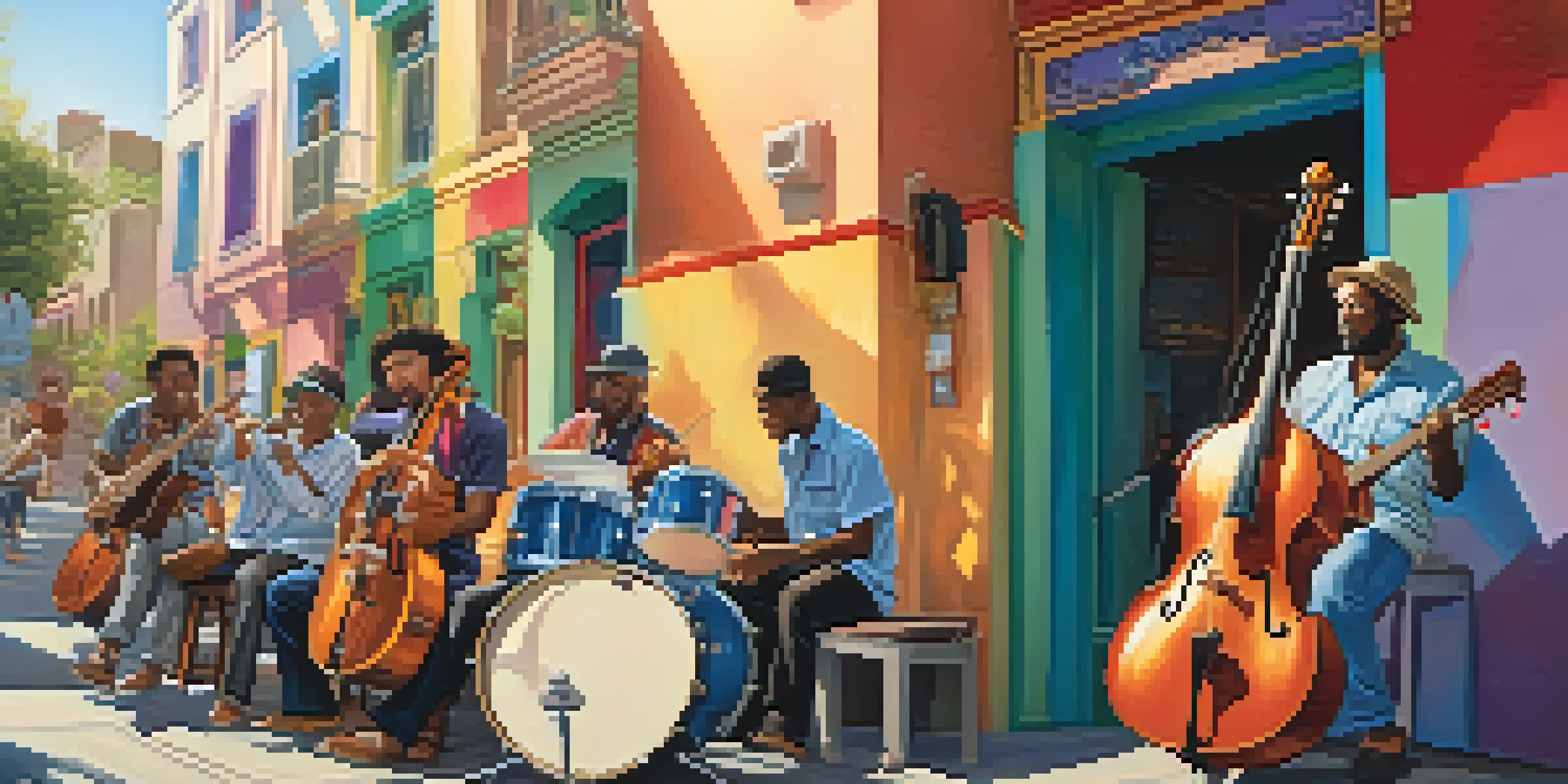 A diverse group of musicians playing together in a colorful street scene, surrounded by murals and instruments.