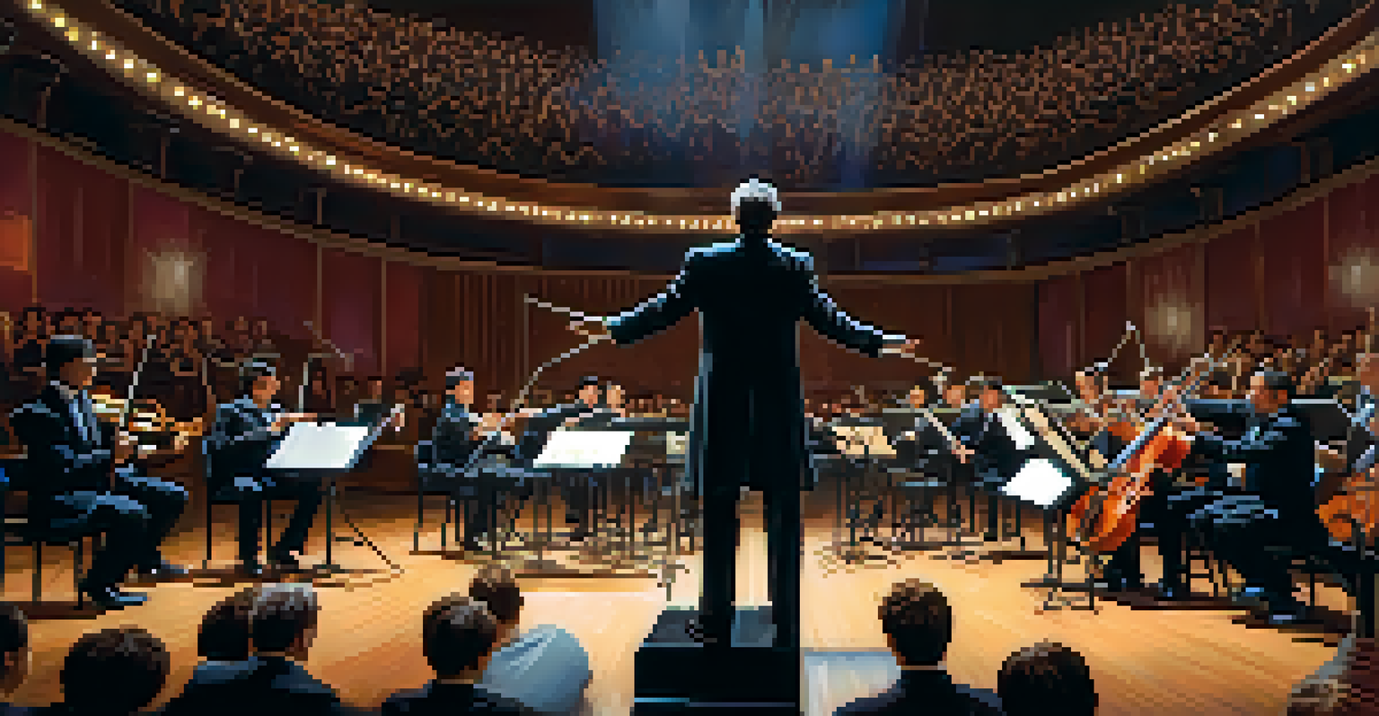 A conductor emphasizing a musical phrase with a sweeping gesture, surrounded by attentive musicians on stage.