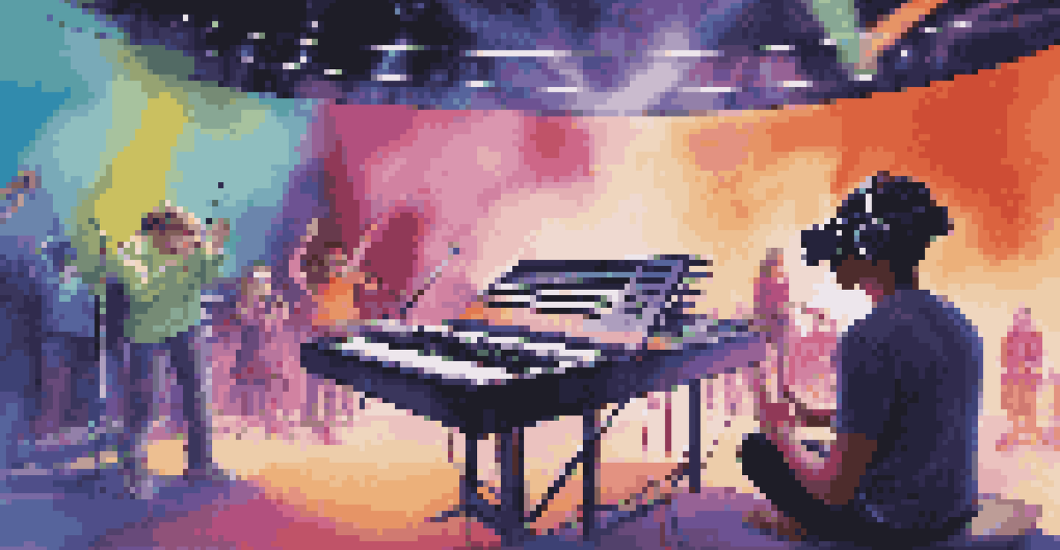 A student using virtual reality to learn music in an immersive and colorful concert environment.