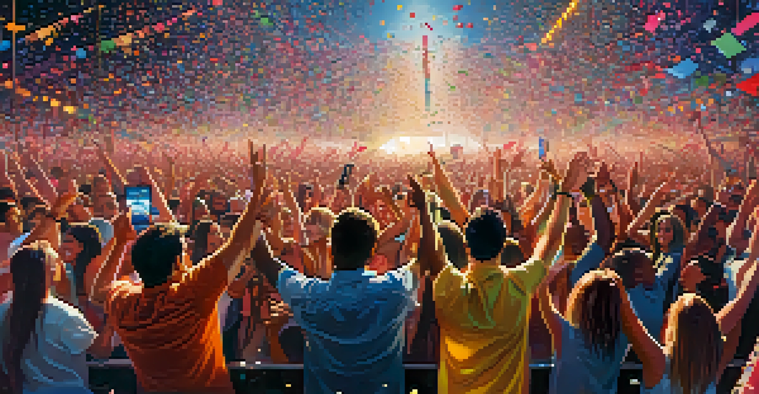 A vibrant music festival with artists performing on stage and enthusiastic fans in the foreground.