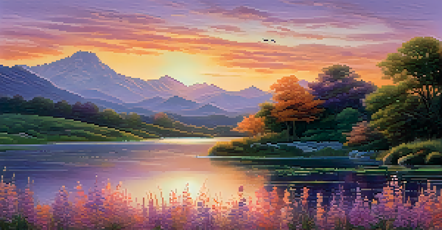 A couple sitting by a lake at sunset, surrounded by wildflowers, with a colorful sky reflecting on the water.