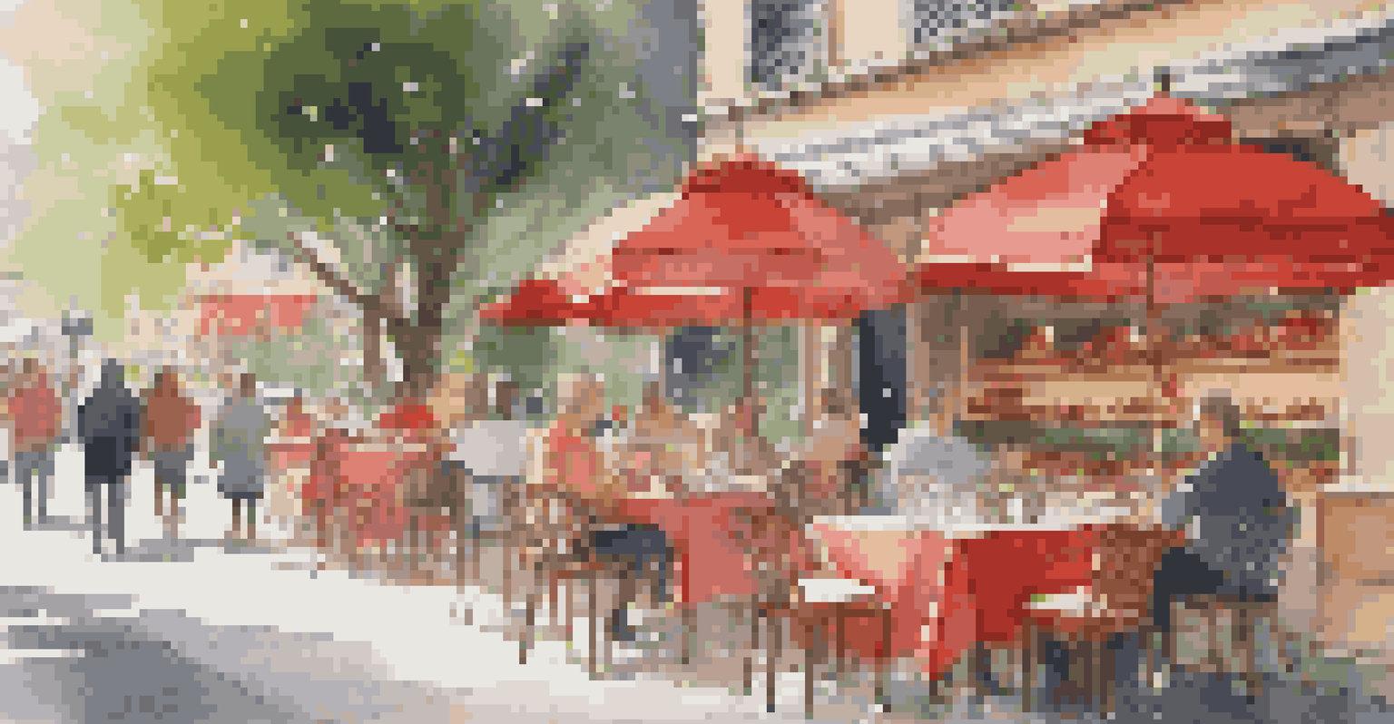 A lively outdoor café with red tablecloths, patrons enjoying coffee, a barista serving pastries, and string lights creating a cheerful ambiance.