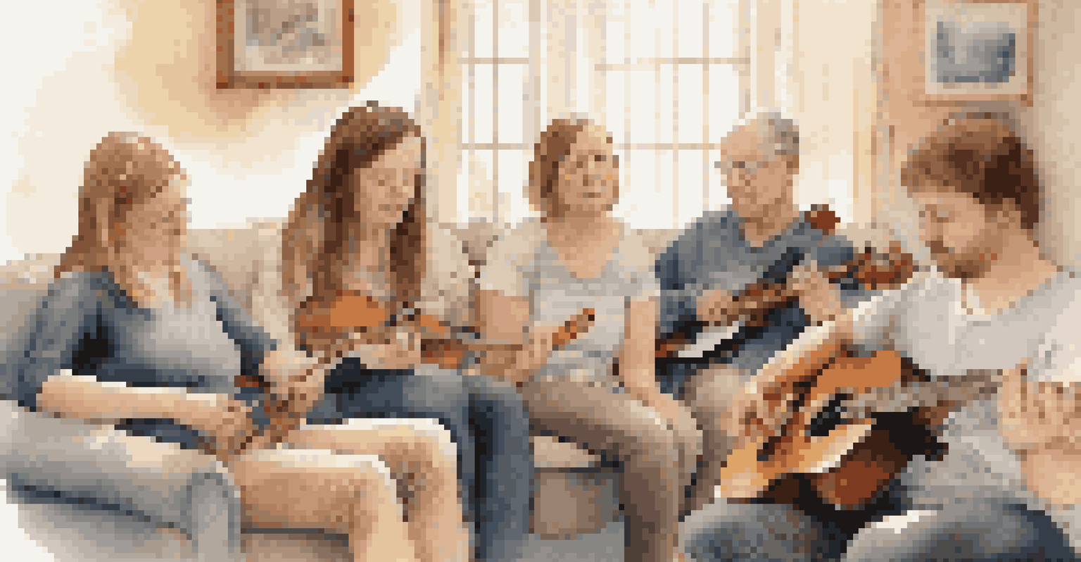 A group of individuals in a cozy room participating in a music therapy session, creating music together with various instruments, showing expressions of concentration and emotional release.