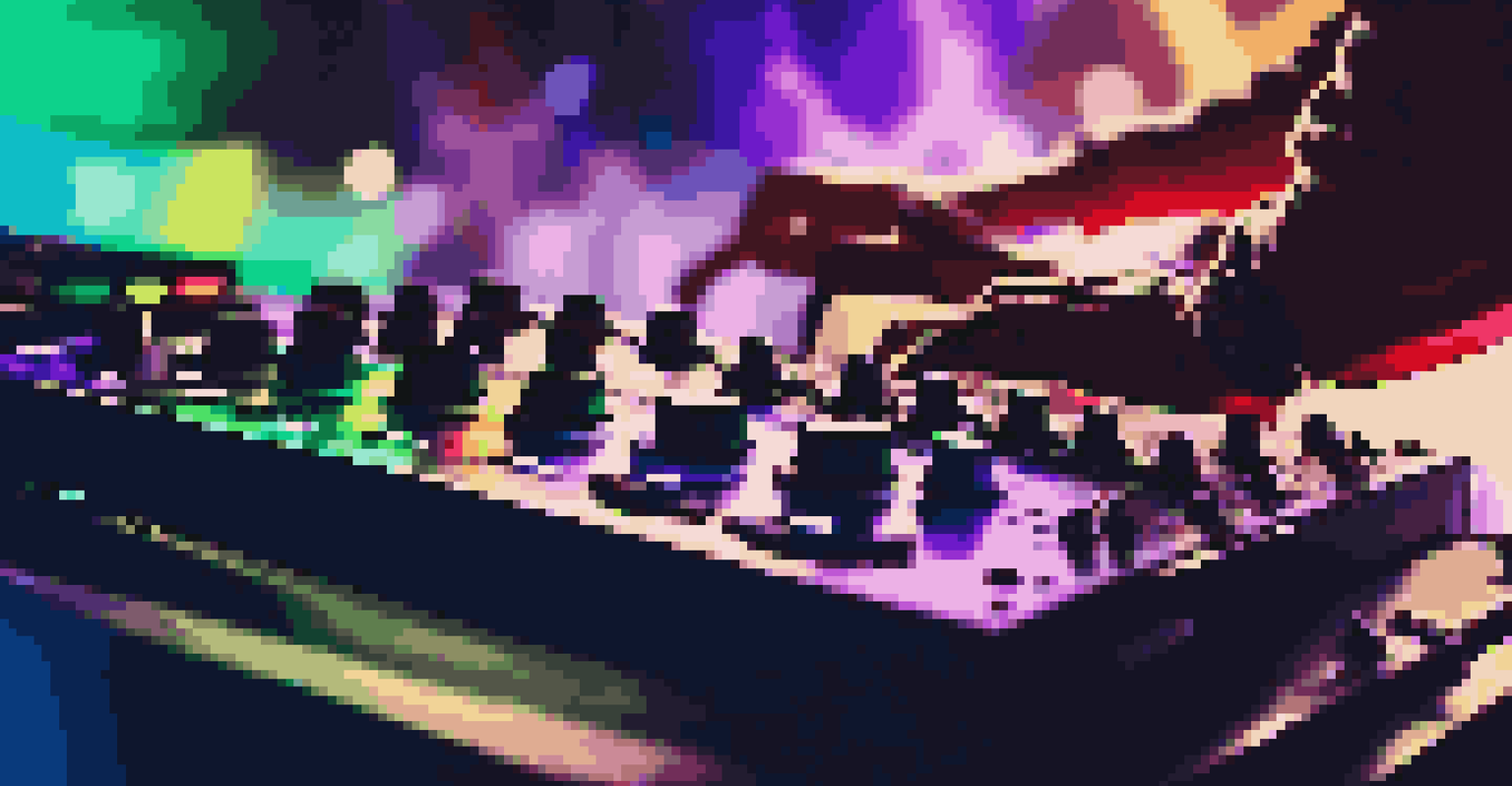 Close-up of a DJ's hands adjusting a mixer with colorful LED lights and a blurred crowd in the background.