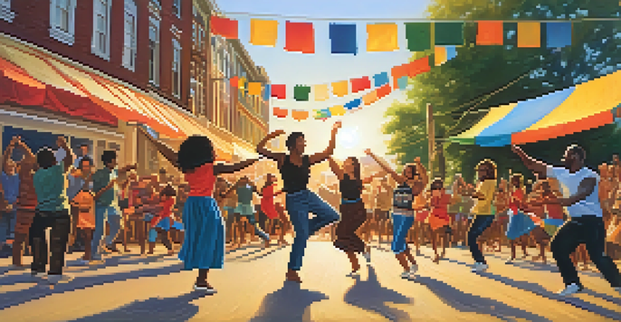 A lively outdoor music event with a diverse group of people dancing and playing instruments under colorful banners.