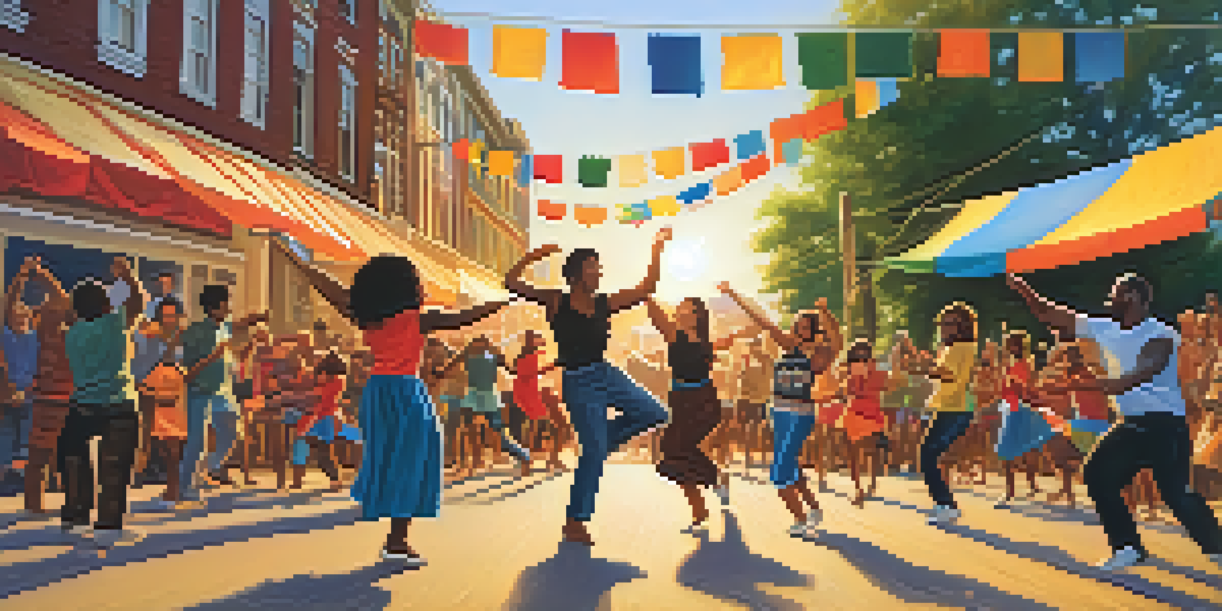 A lively outdoor music event with a diverse group of people dancing and playing instruments under colorful banners.