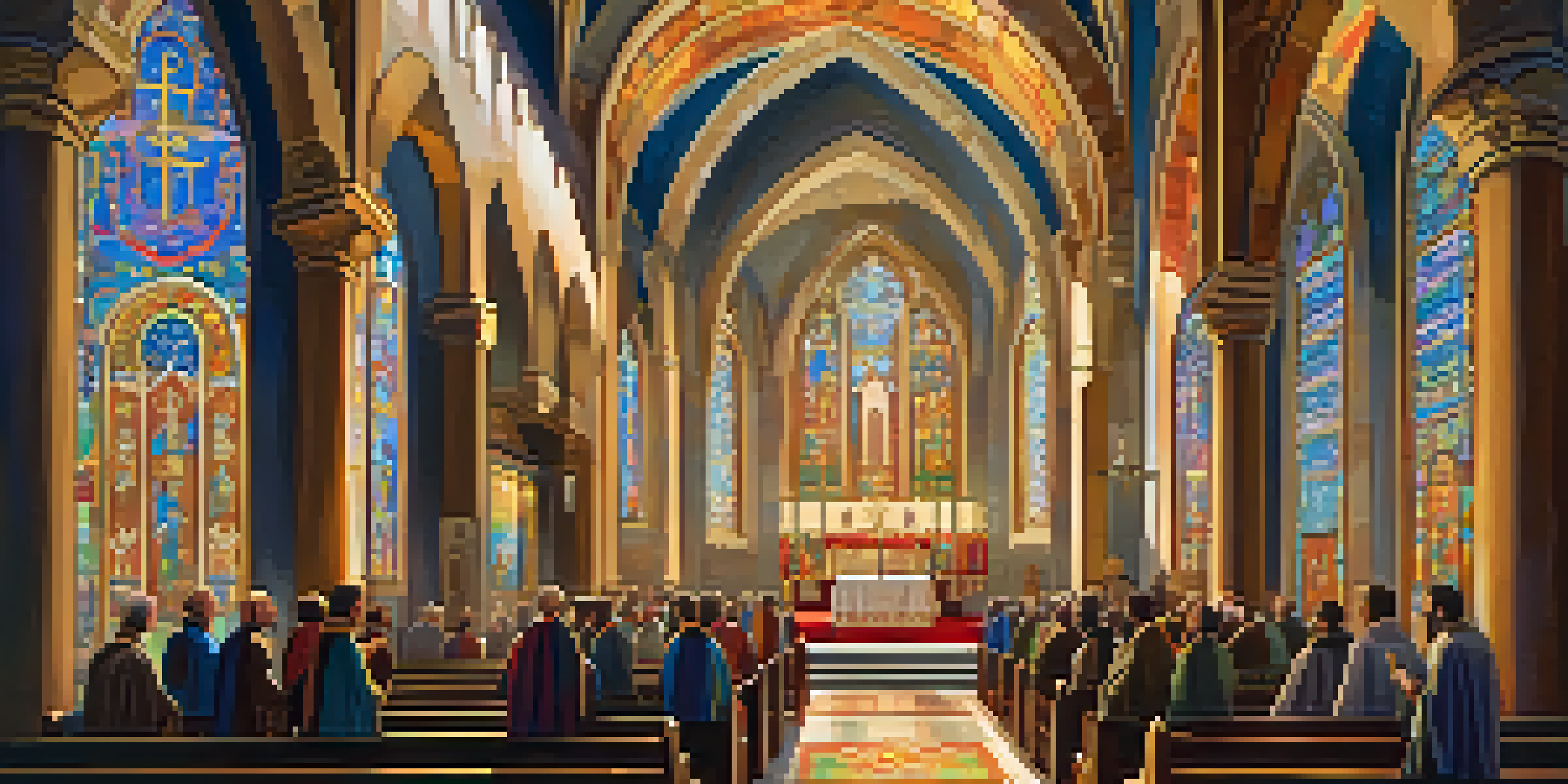 A peaceful interior of a Byzantine church with sunlight illuminating colorful stained glass, a choir singing, and an ornate altar.