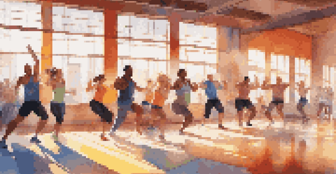 A lively gym scene with diverse people exercising energetically, sunlight streaming in, and music notes floating in the air.