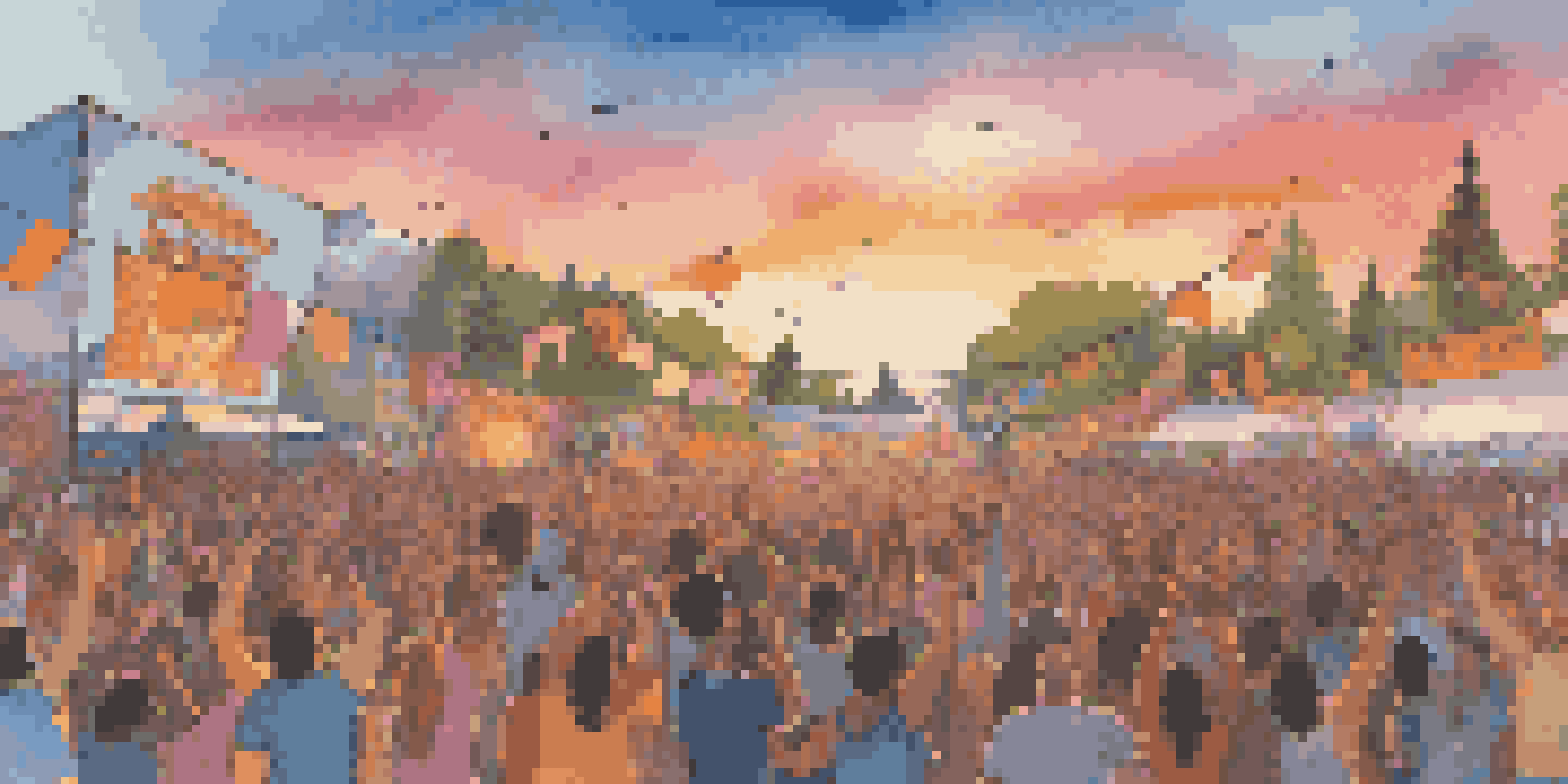 A lively outdoor music festival with diverse people singing and colorful environmental banners under a sunset sky.