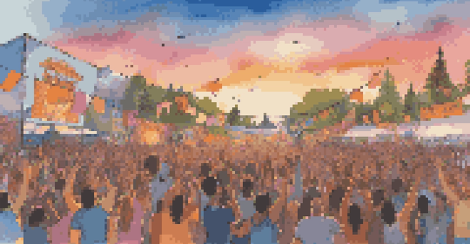 A lively outdoor music festival with diverse people singing and colorful environmental banners under a sunset sky.