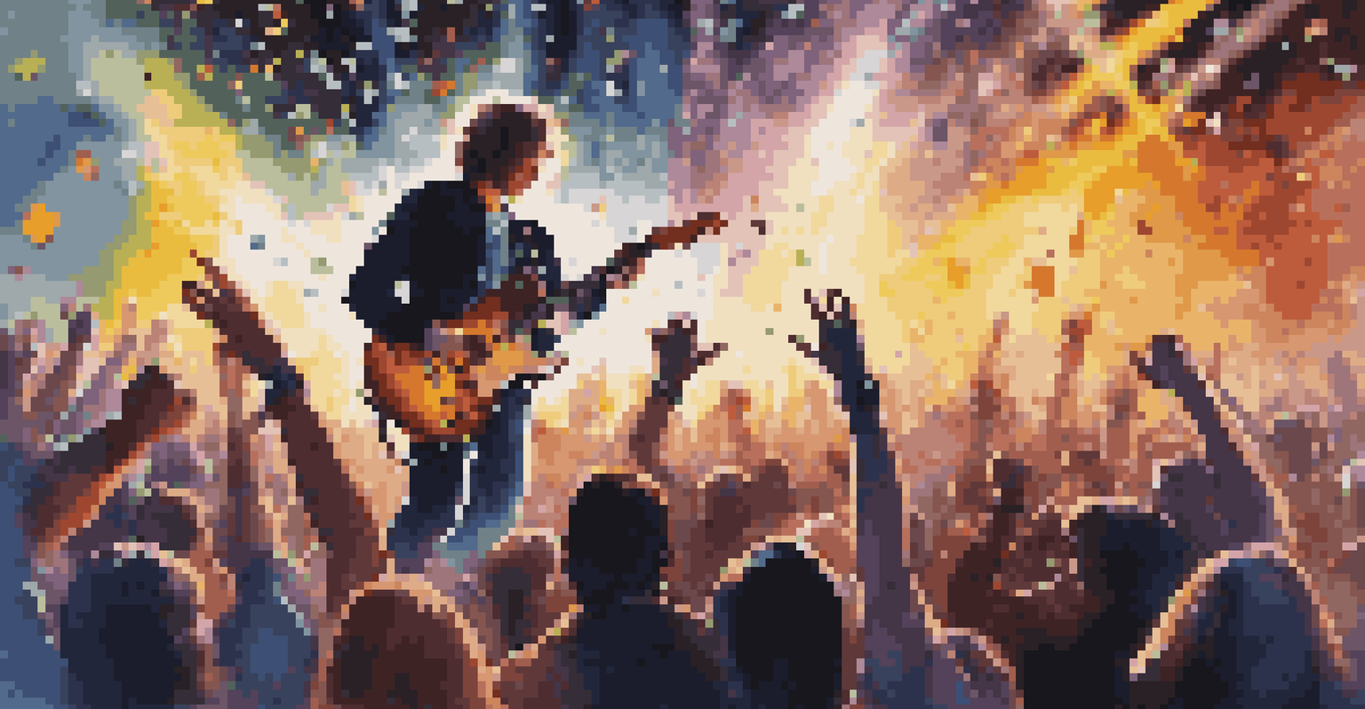 An energetic outdoor concert with a guitarist playing an electric guitar, colorful stage lights, and a crowd enjoying the performance with confetti falling.