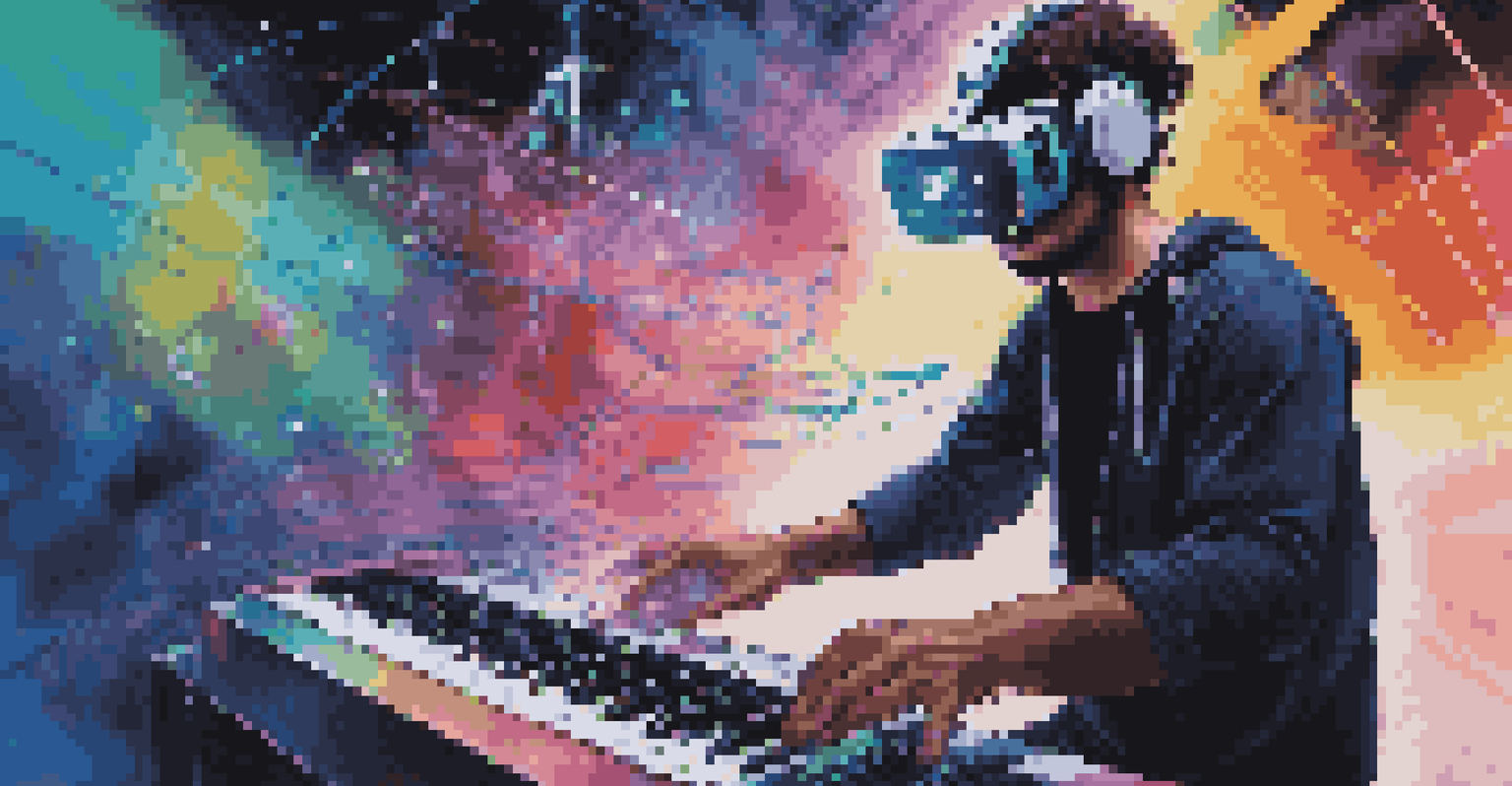 A musician in a virtual reality setting, manipulating colorful holographic sound waves while creating music.