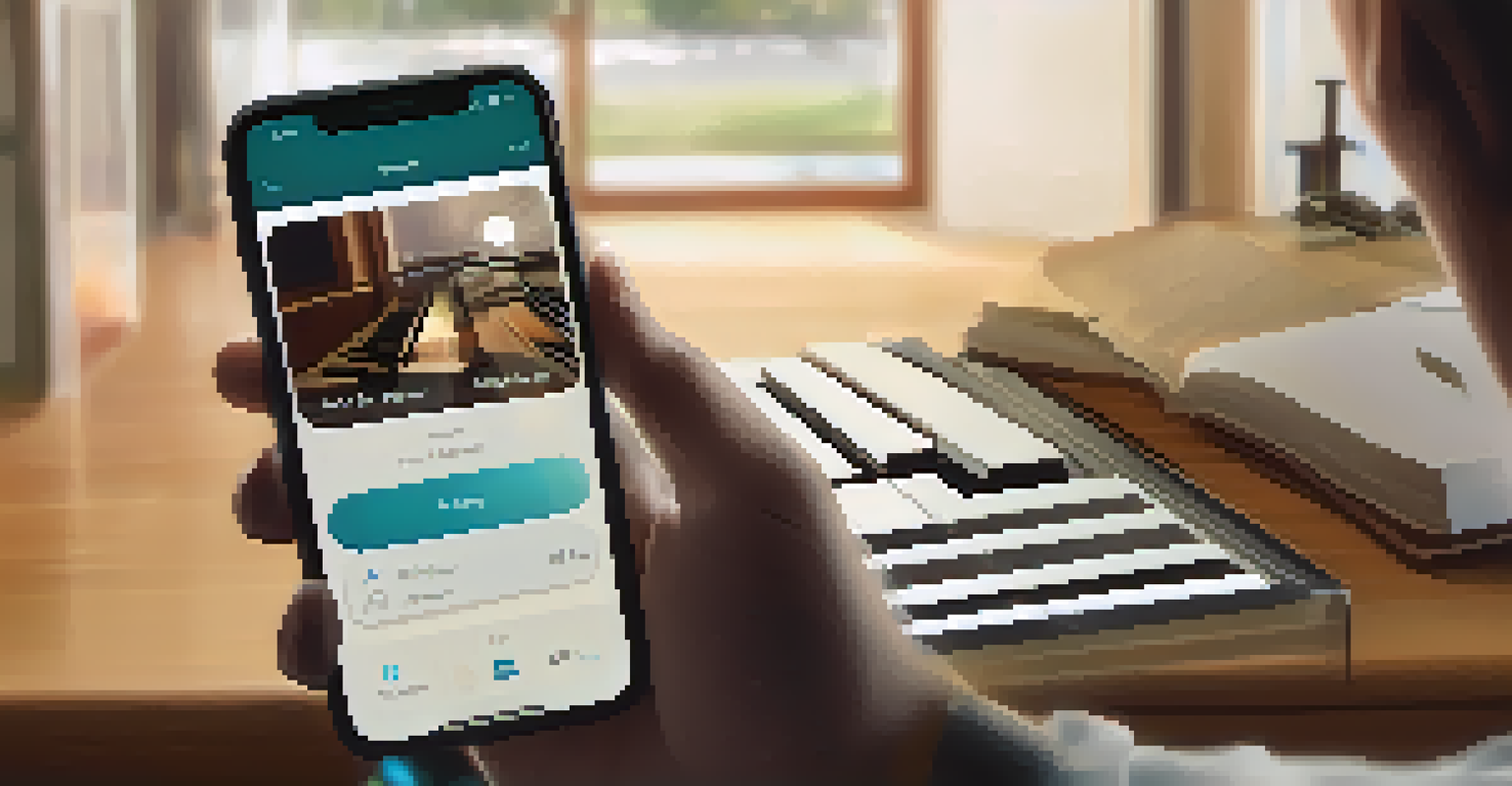 A close-up of a hand selecting songs on a smartphone, with soft lighting and a peaceful living space in the background.