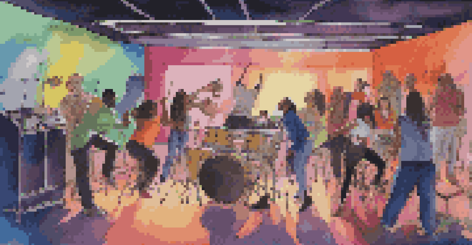 A vibrant music video production set with diverse artists collaborating, surrounded by cameras and lighting equipment, illustrating creativity and excitement.