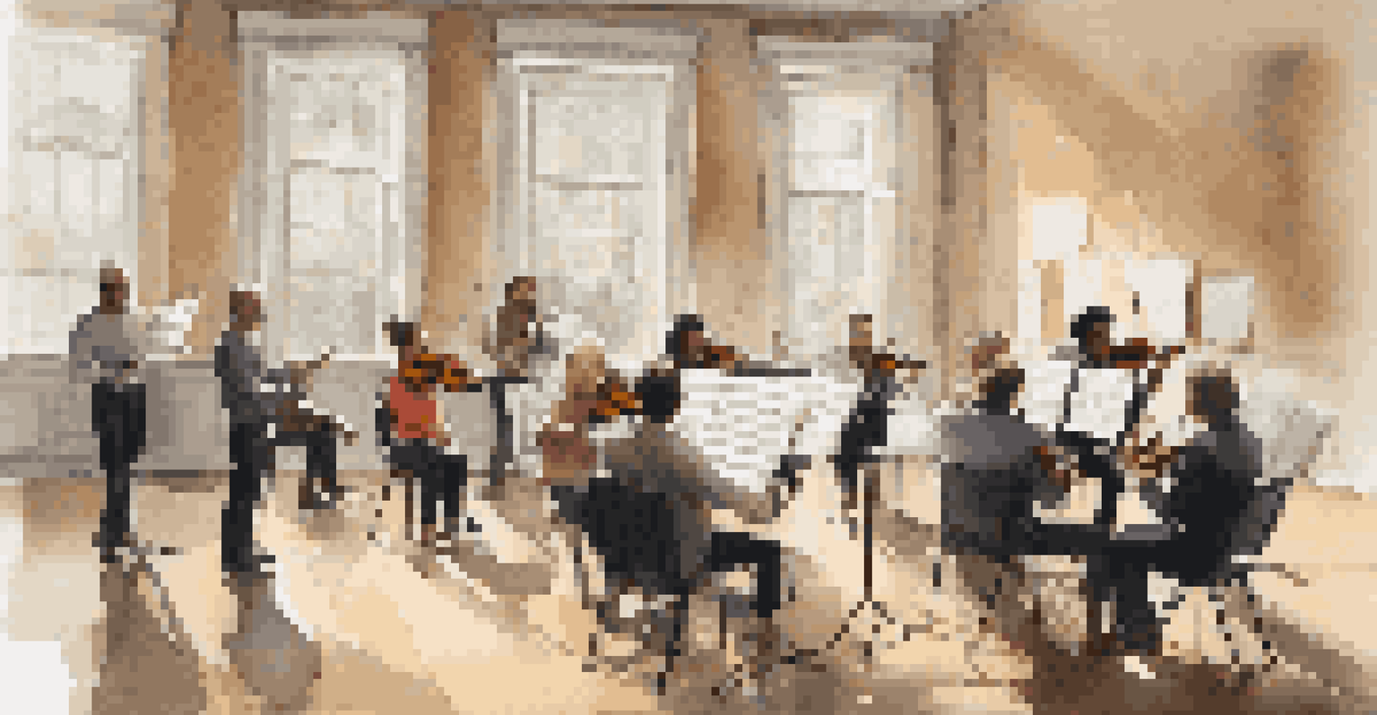 A group of musicians in a rehearsal setting, discussing sheet music with a conductor and natural light coming through windows.