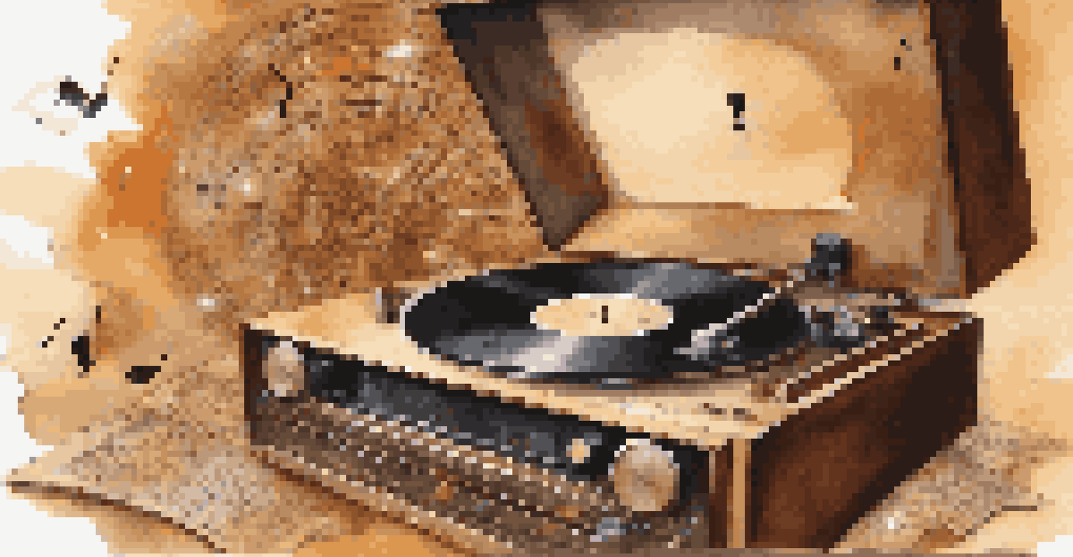 A vintage vinyl record player surrounded by vinyl records and musical notes, creating a nostalgic atmosphere.