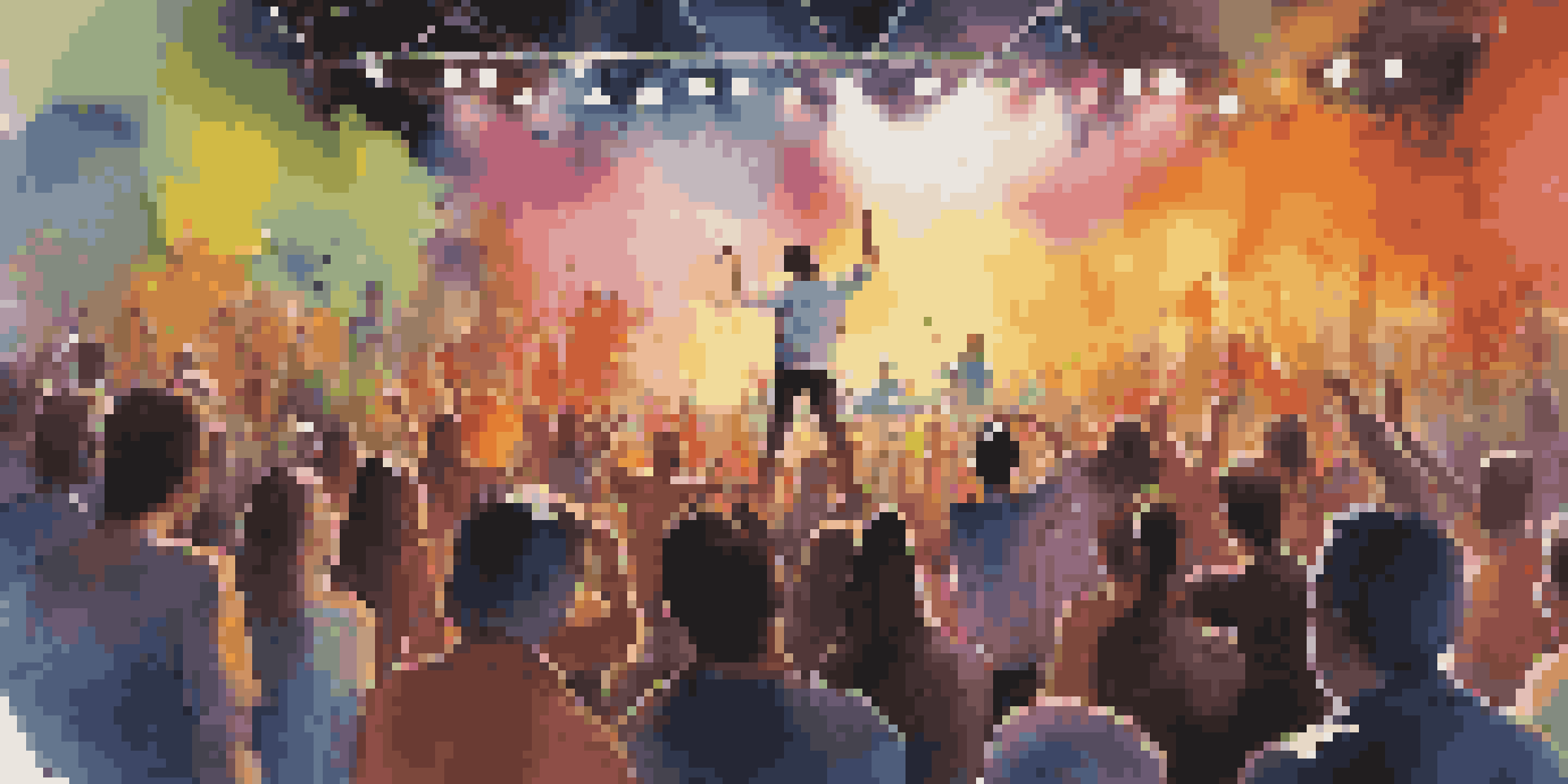 An artist painting live at a music festival, surrounded by an engaged audience and musicians in the background.