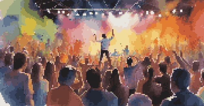 An artist painting live at a music festival, surrounded by an engaged audience and musicians in the background.