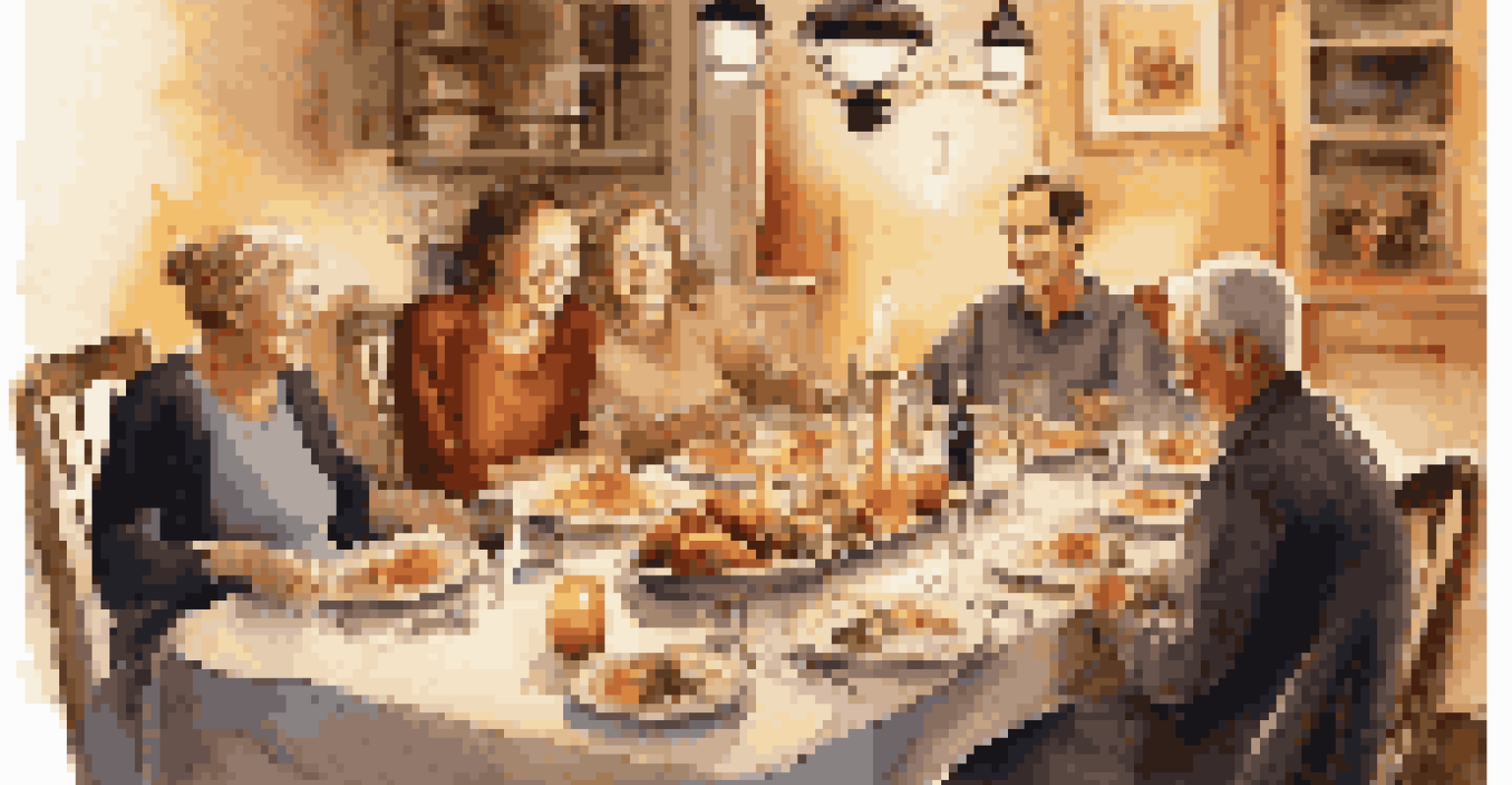 A family gathering around a dinner table filled with food, smiling and enjoying each other's company.