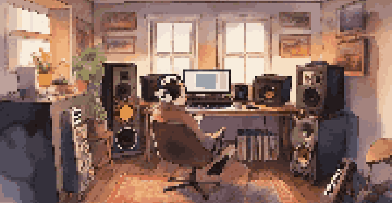 A home studio scene with a person recording music covers, surrounded by instruments and warm lighting, showcasing a creative environment.