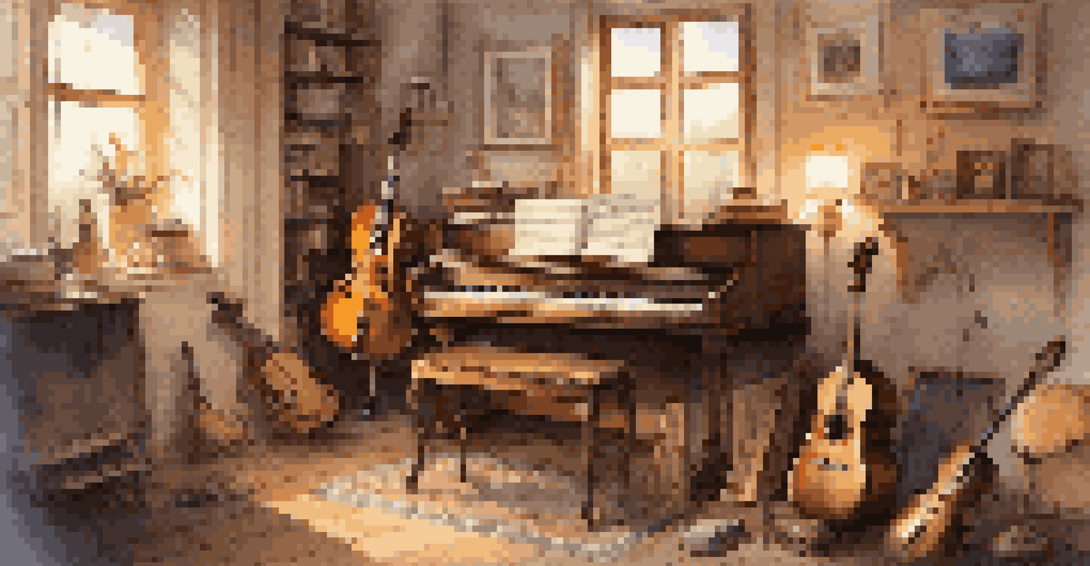A cozy room with various musical instruments and a laptop, representing the blend of traditional and digital music.