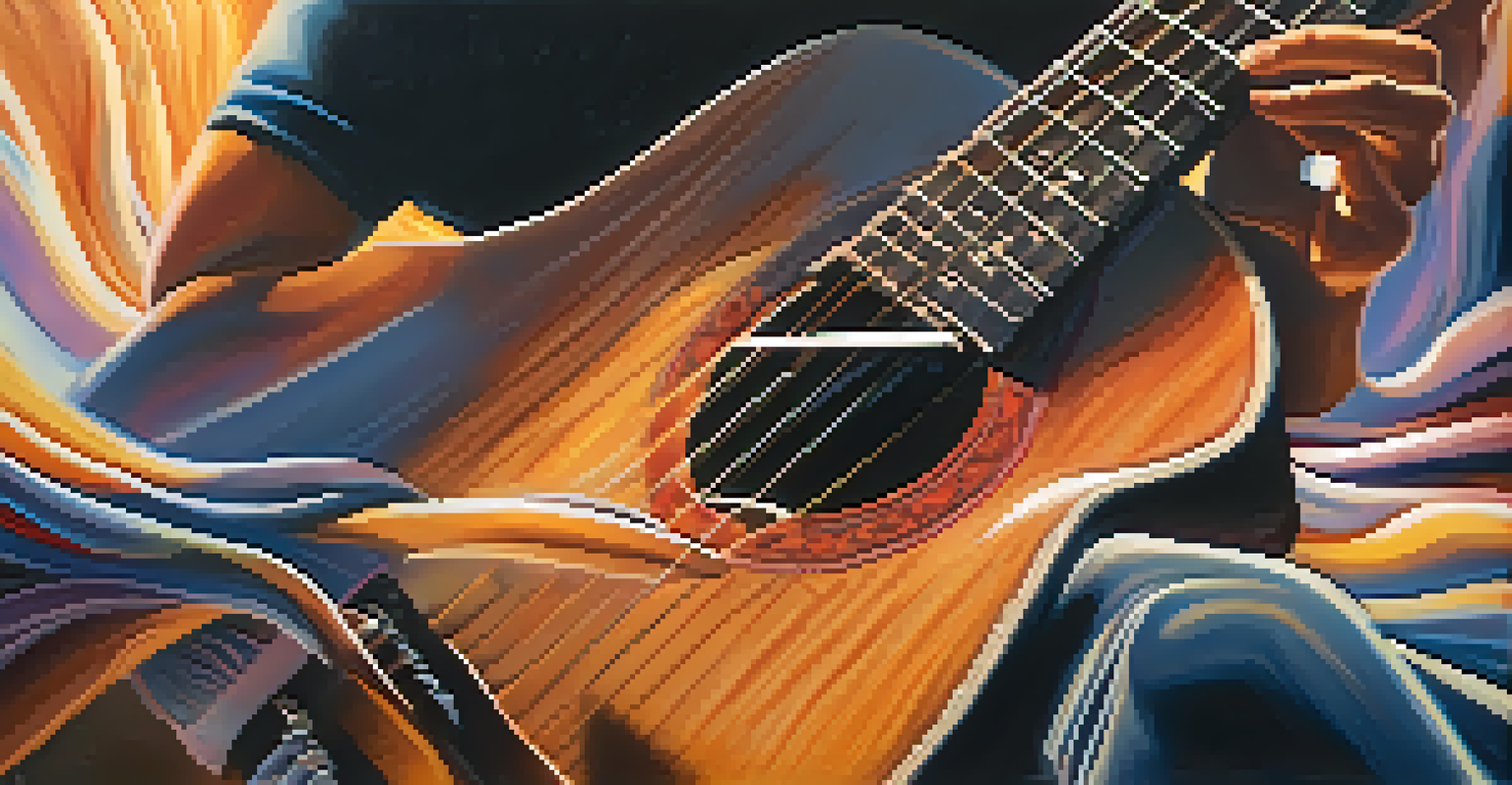 Close-up of hands playing a classical guitar, with sound waves visually represented and warm lights in the background.
