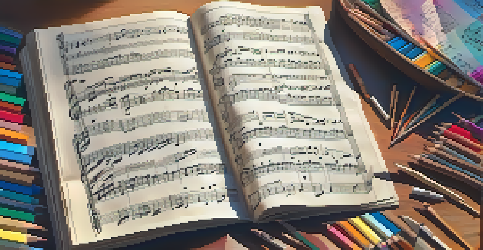 An overhead view of a music sheet with choral arrangements and colored pencils on a wooden table.