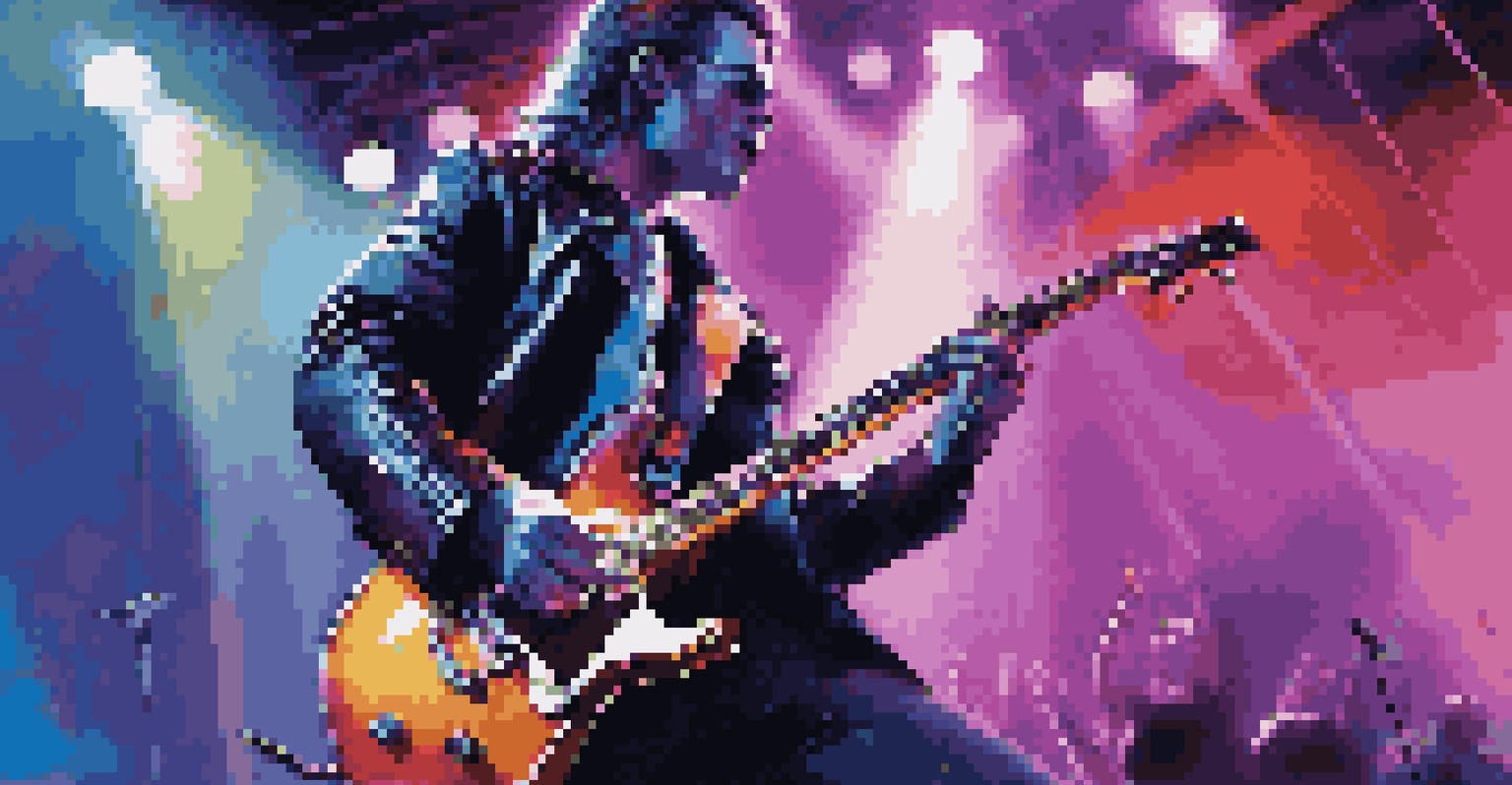 An electric guitarist performing on stage with colorful lights and an engaged audience.
