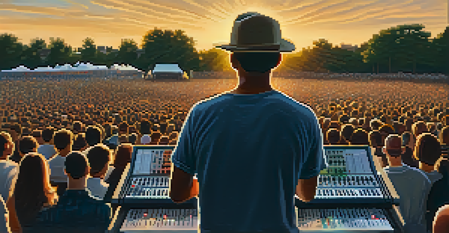A live sound engineer at an outdoor concert during sunset, adjusting a portable mixer with a cheering crowd in front.