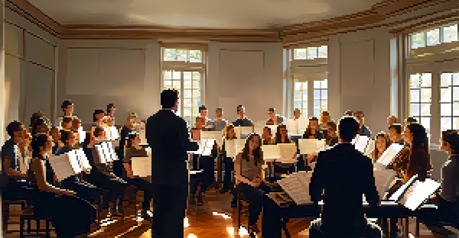 A choir director instructing singers during a rehearsal, surrounded by sheet music and natural light.