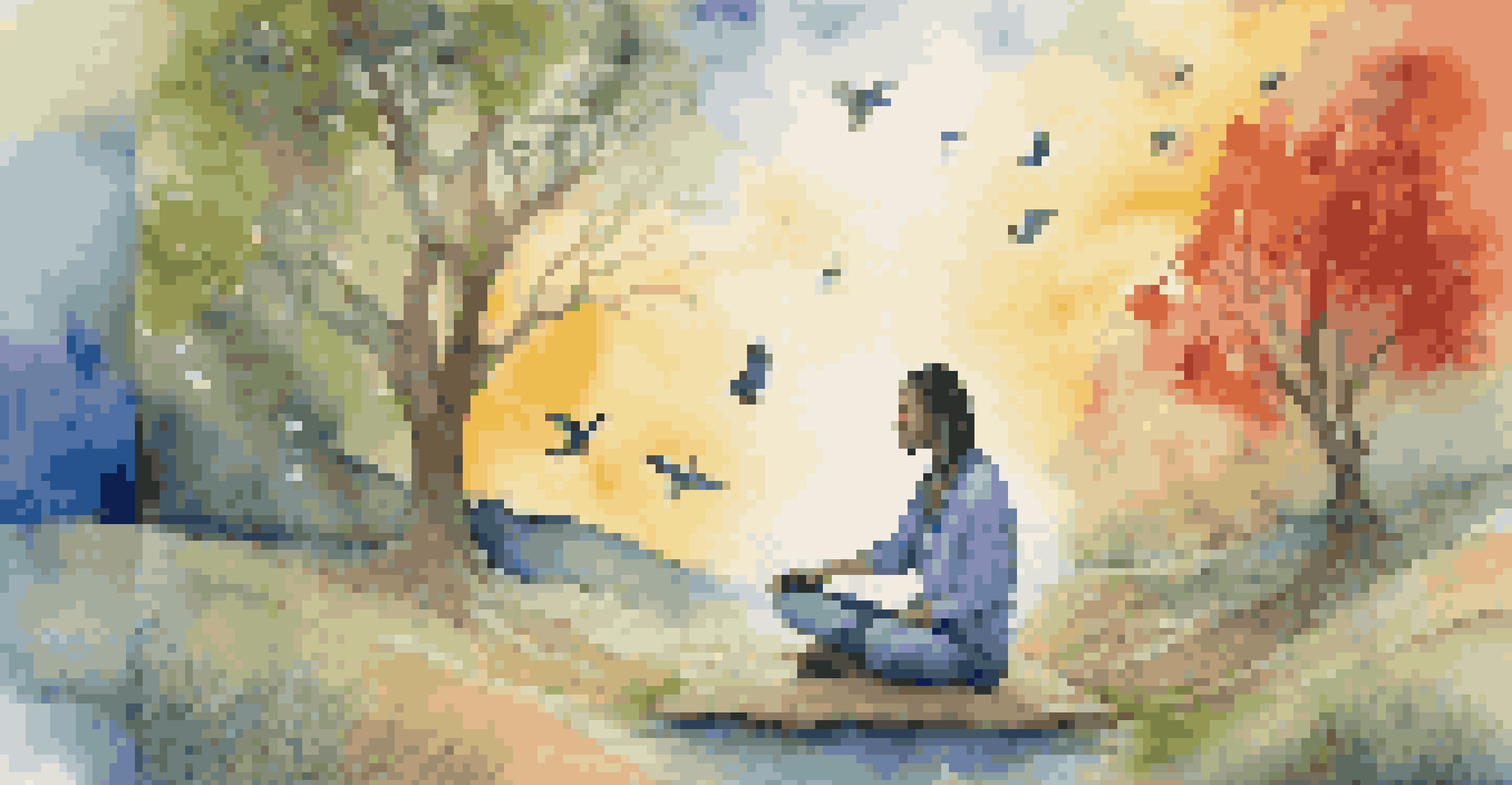 A person meditating outdoors, surrounded by colorful sound waves and nature, representing the healing power of music.