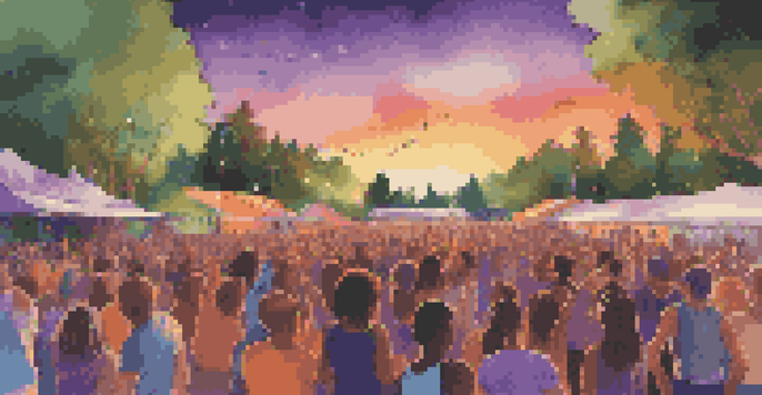 A lively outdoor music festival with a diverse crowd of young people dancing under colorful lights at sunset.