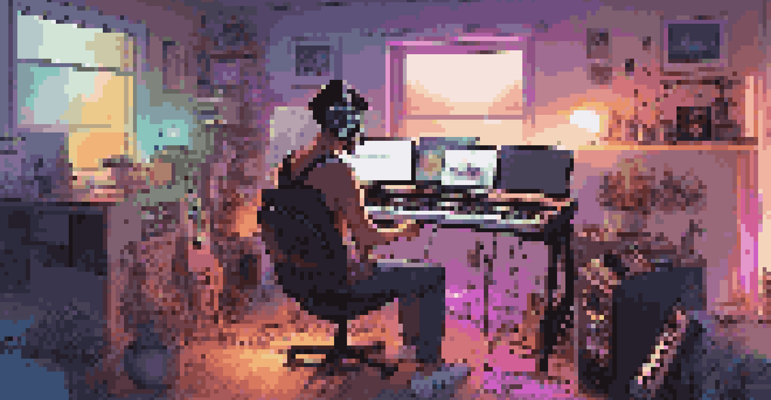 A digital artist working in a modern home studio filled with instruments and technology, illuminated by colorful light strips that enhance the creative atmosphere.