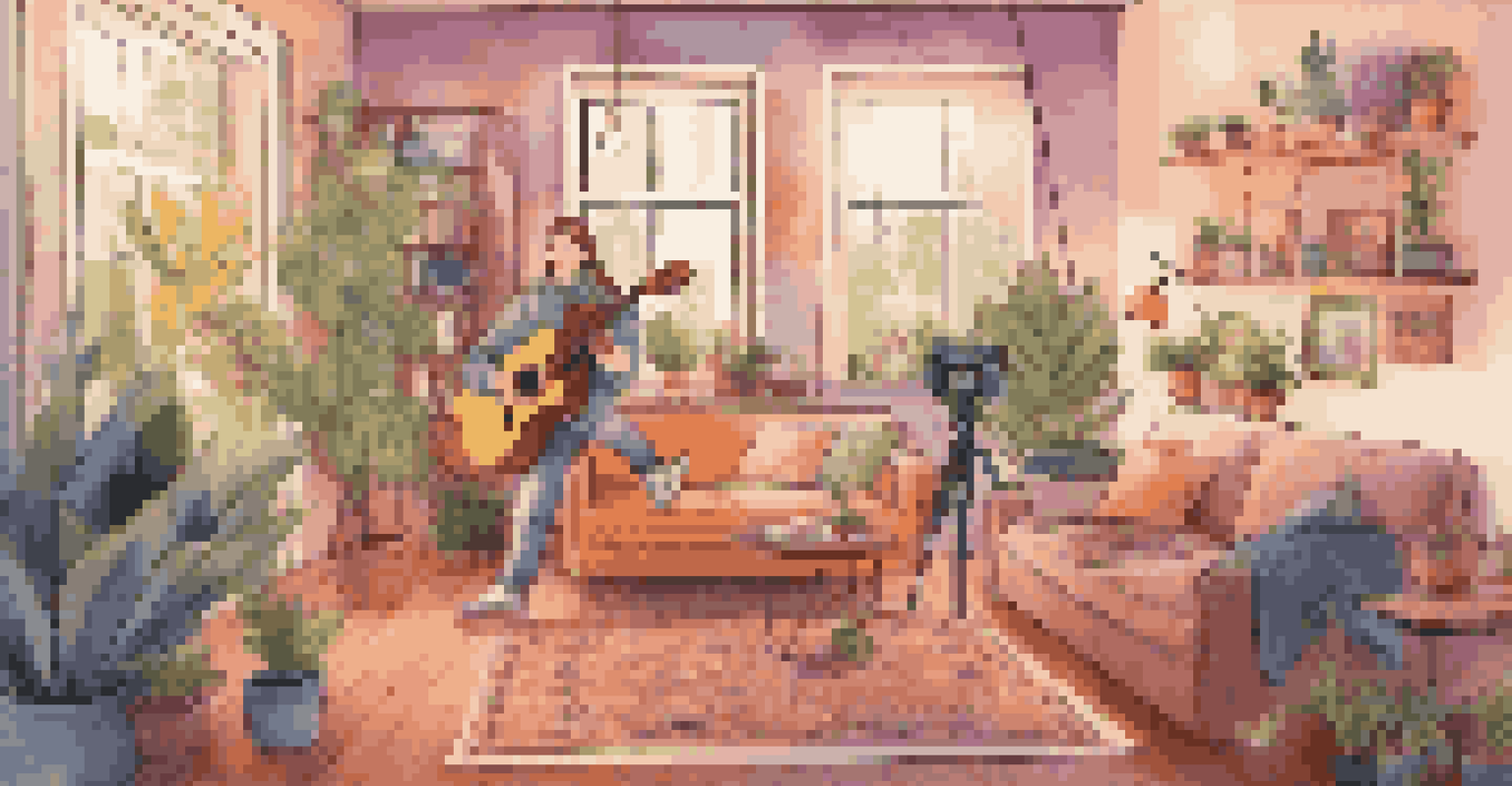 A musician creating content for TikTok in a cozy living room, with vibrant graphics on the screen.