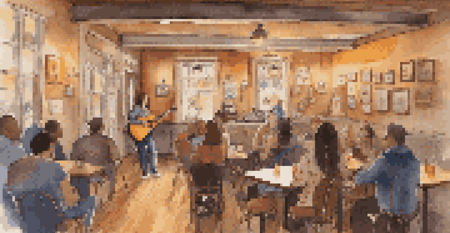 A young woman performing at an open mic night in a cozy café, with an engaged audience enjoying the music.
