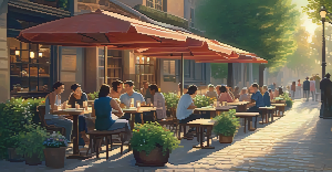 A peaceful outdoor cafe with wooden tables, potted plants, and patrons enjoying coffee under warm golden light.