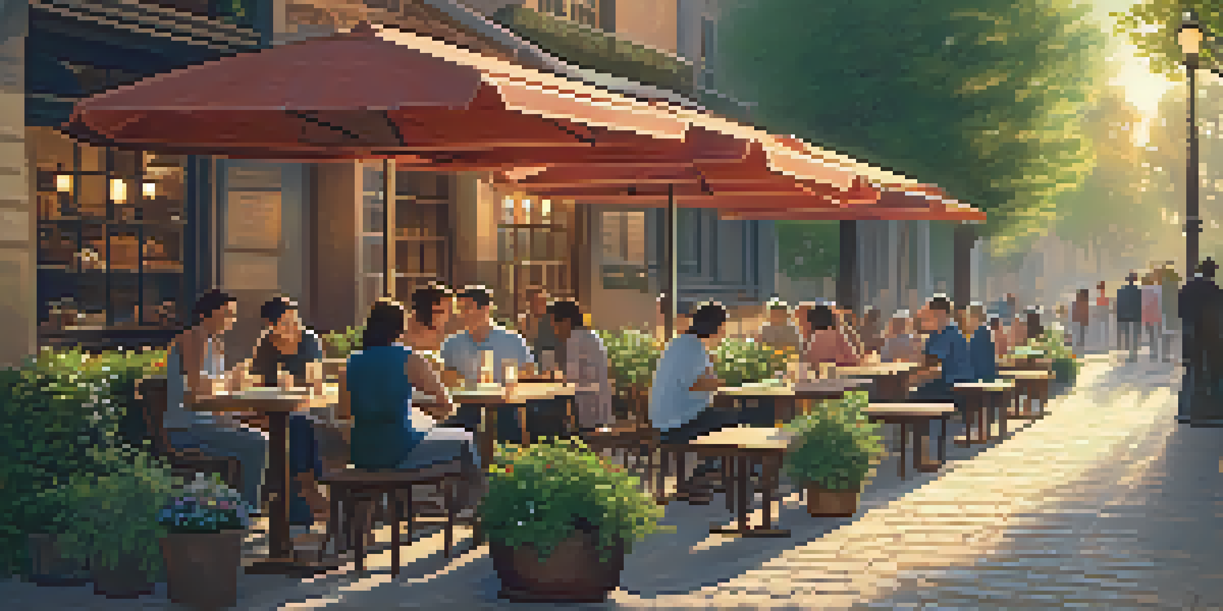 A peaceful outdoor cafe with wooden tables, potted plants, and patrons enjoying coffee under warm golden light.