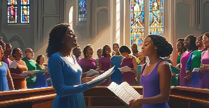 A diverse group of choir singers passionately performing in a sunlit church, with a young woman in the foreground enjoying the moment.
