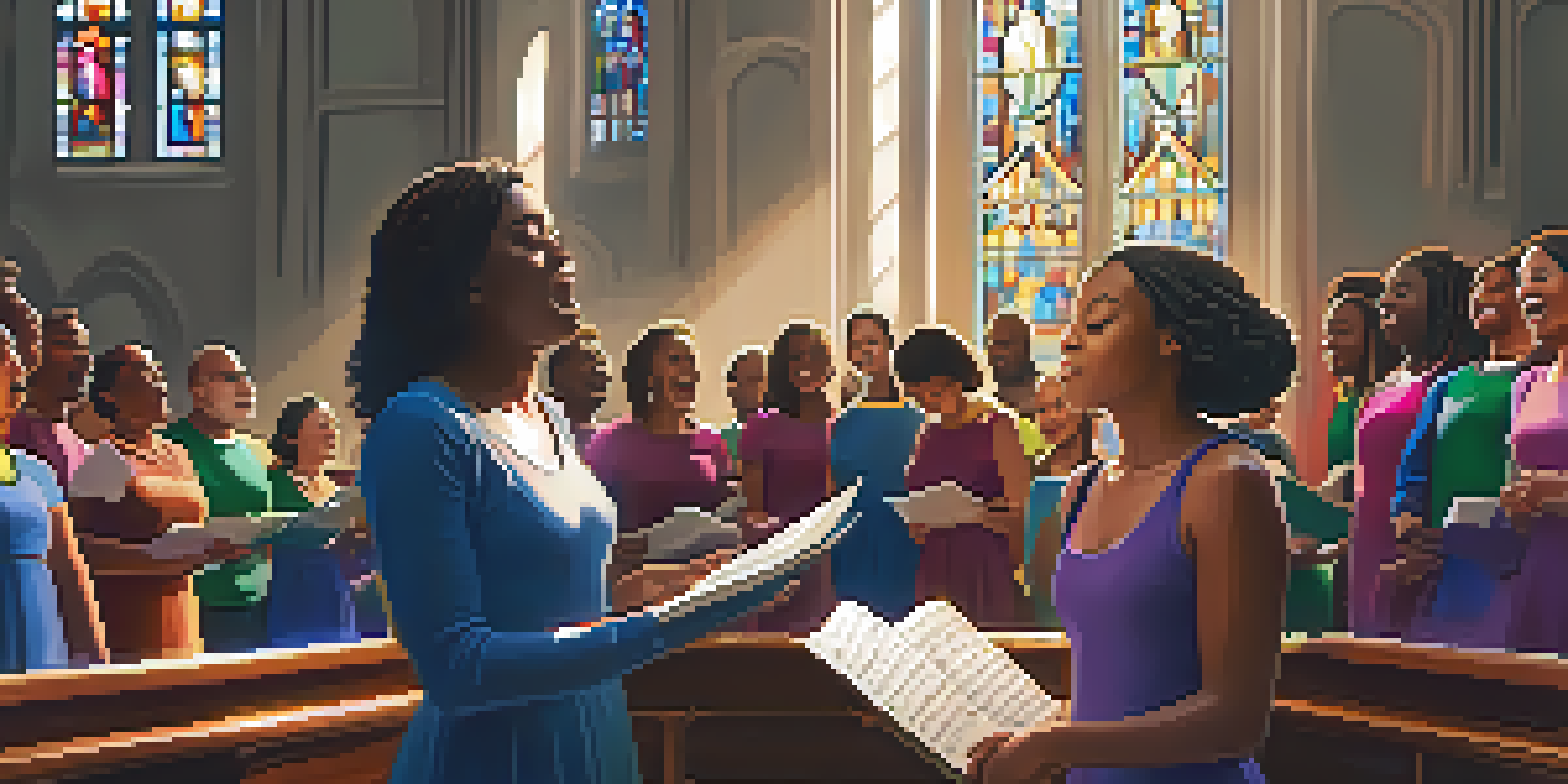 A diverse group of choir singers passionately performing in a sunlit church, with a young woman in the foreground enjoying the moment.