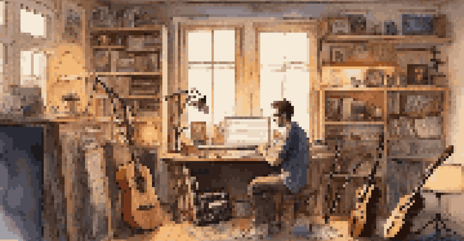 An artist in a cozy home studio, writing lyrics with musical instruments and warm lighting.