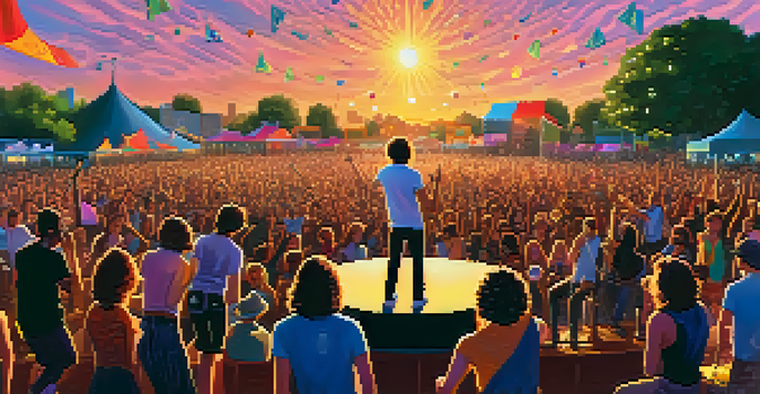 An outdoor music festival with a diverse group of musicians on stage, colorful lights, and an engaged audience dancing as the sun sets.