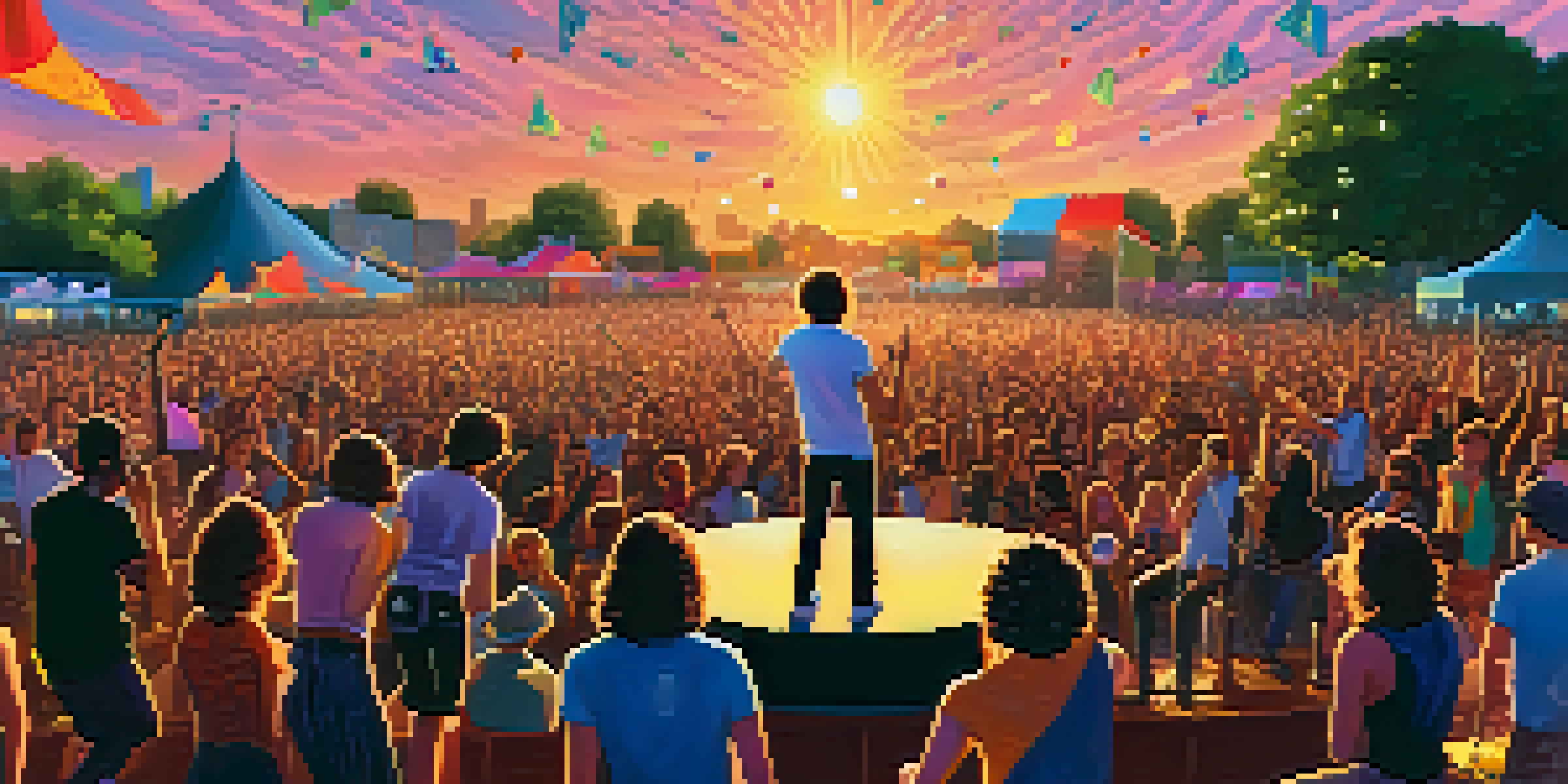 An outdoor music festival with a diverse group of musicians on stage, colorful lights, and an engaged audience dancing as the sun sets.