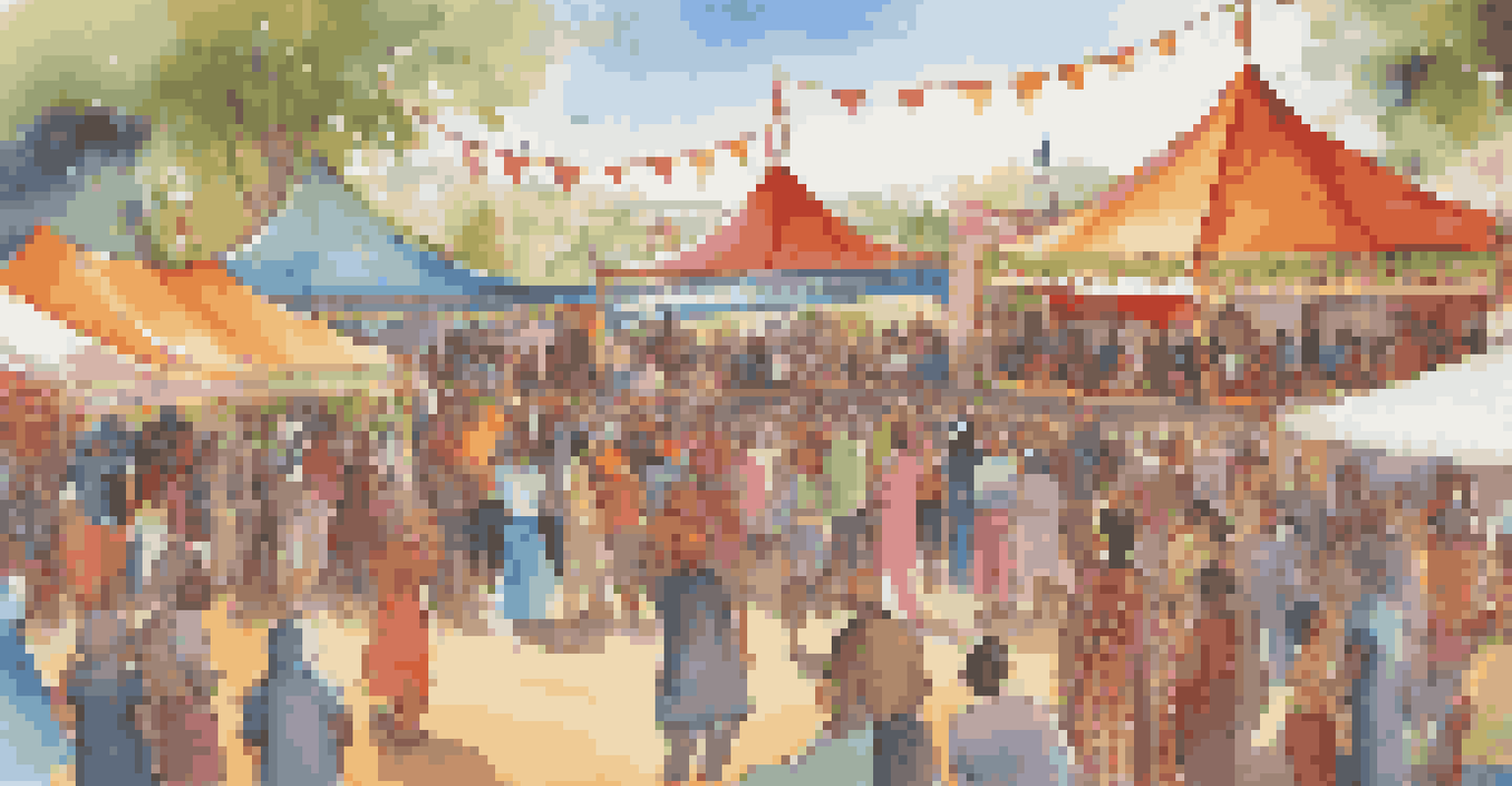 A vibrant outdoor music festival featuring diverse cultural performances, with people enjoying traditional music and dances.