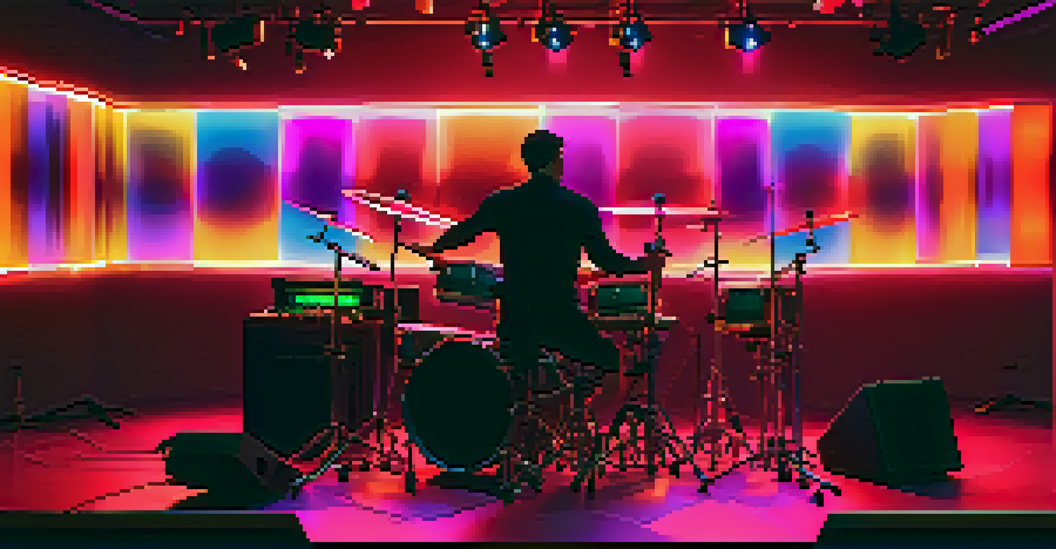 A drummer adjusting settings on an electronic drum kit in a colorful studio environment, with soundproofing panels in the background.