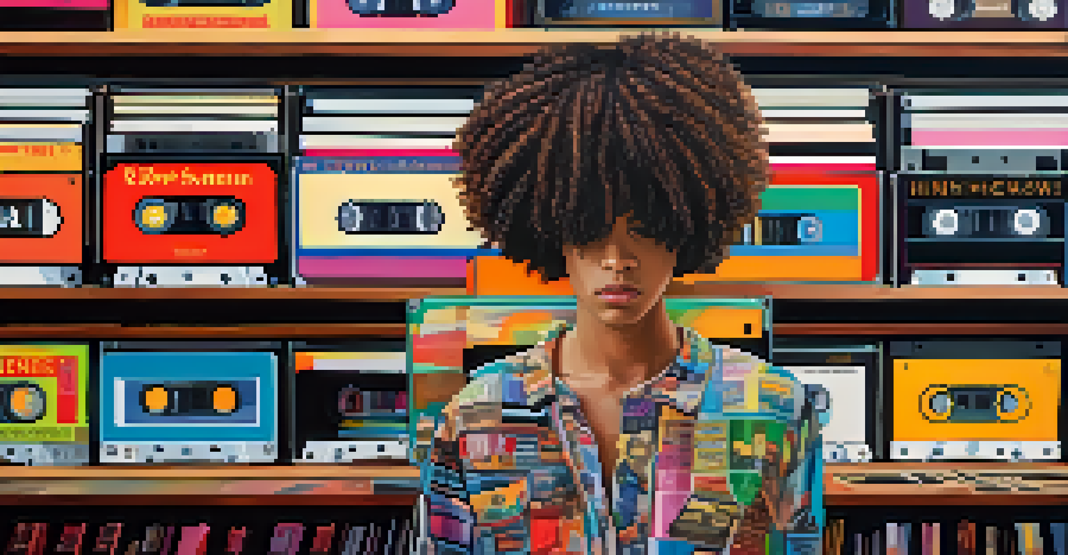A close-up of a person holding a cassette tape in front of colorful album covers in a music store.