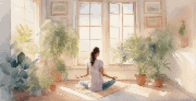 A person meditating in a sunlit room with plants and soft colors, evoking a sense of peace and connection to music.