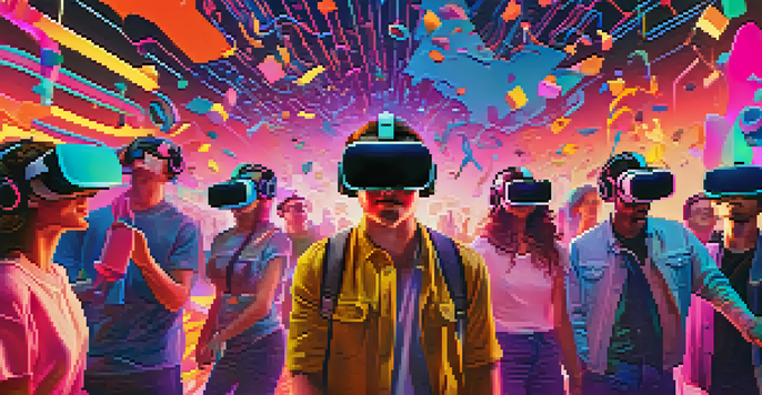 A group of people wearing virtual reality headsets enjoying a colorful digital music video experience, surrounded by abstract shapes and musical elements.