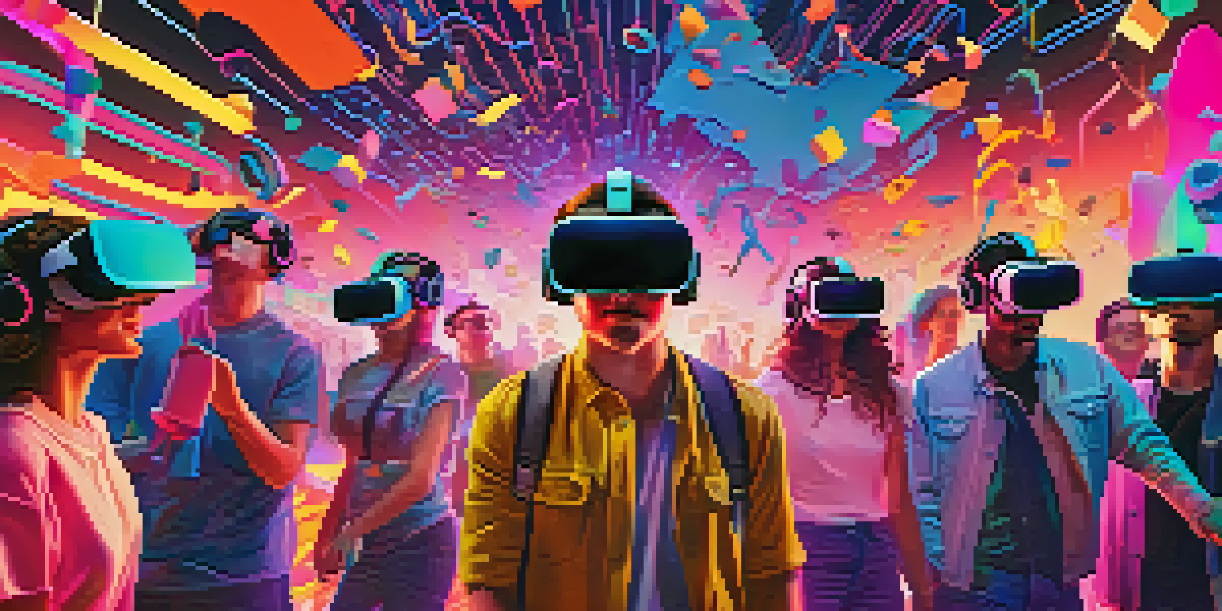 A group of people wearing virtual reality headsets enjoying a colorful digital music video experience, surrounded by abstract shapes and musical elements.
