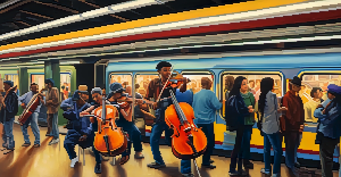 A busy subway station with commuters and a musician playing violin, colorful murals on the walls, and warm lighting.
