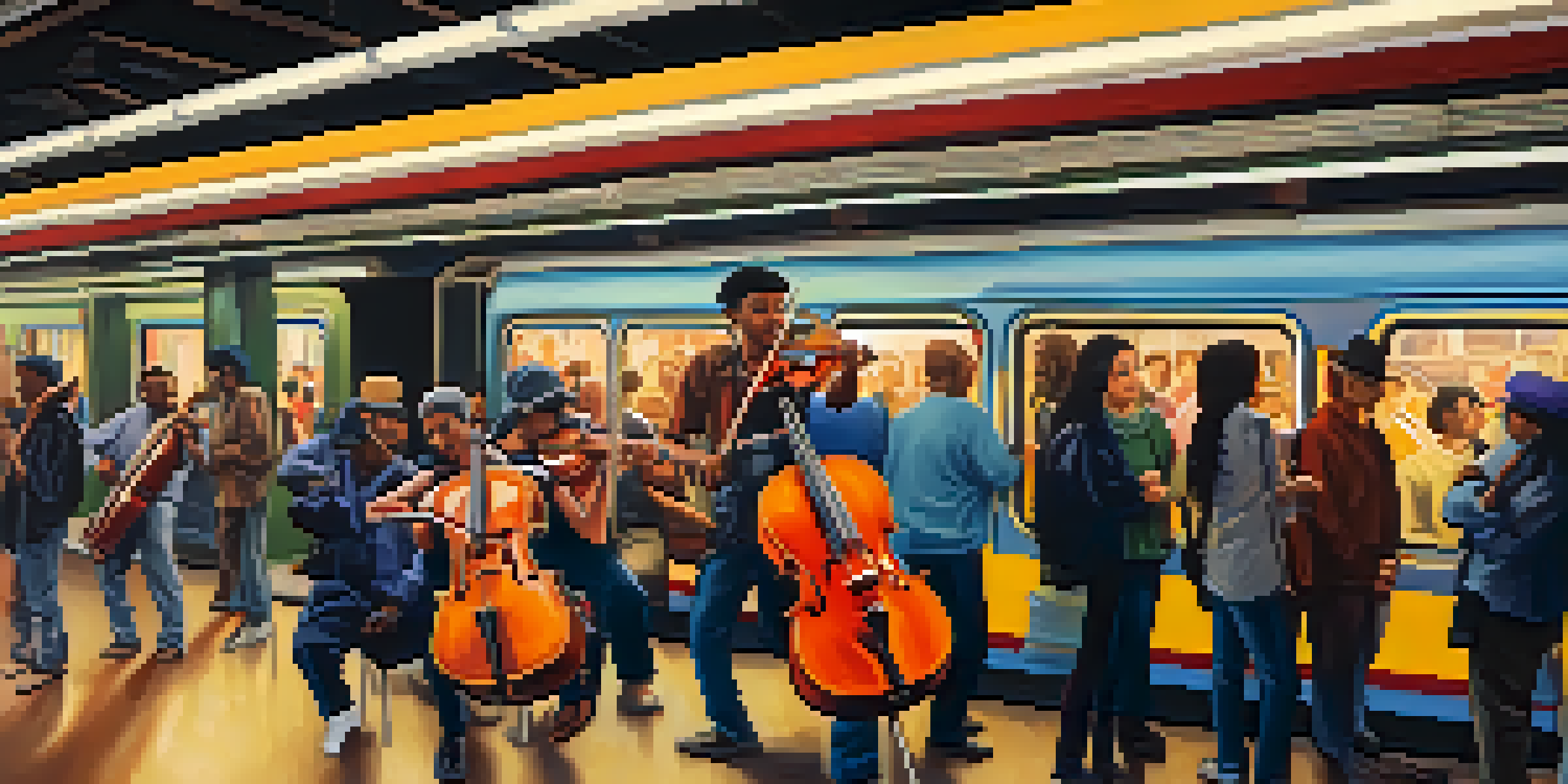 A busy subway station with commuters and a musician playing violin, colorful murals on the walls, and warm lighting.